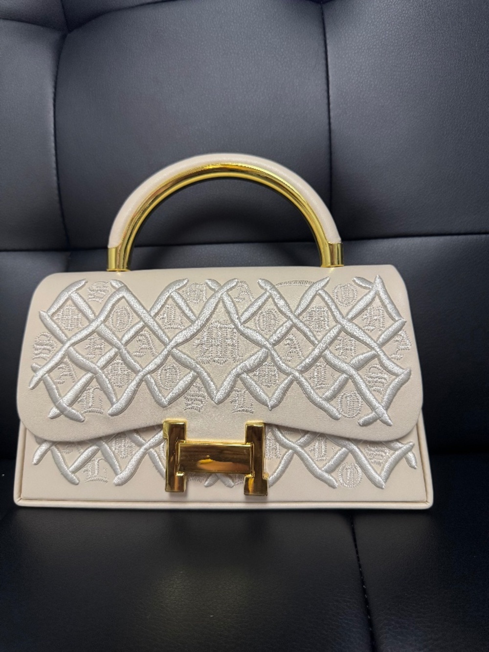 Ivory Embroidered Top Handle Handbag Gold Hardware Crossbody Purse